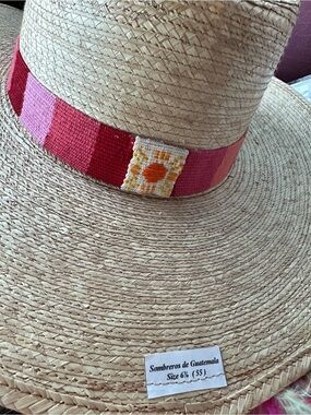 Sunshine Tienda Handwoven palm straw Sun Hat with Pink and Red Band xs/s 6 7/8